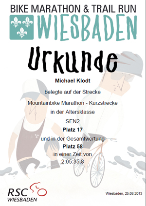 Urkunde Wiesbaden Bikemarathon 2013 - Michael Klodt